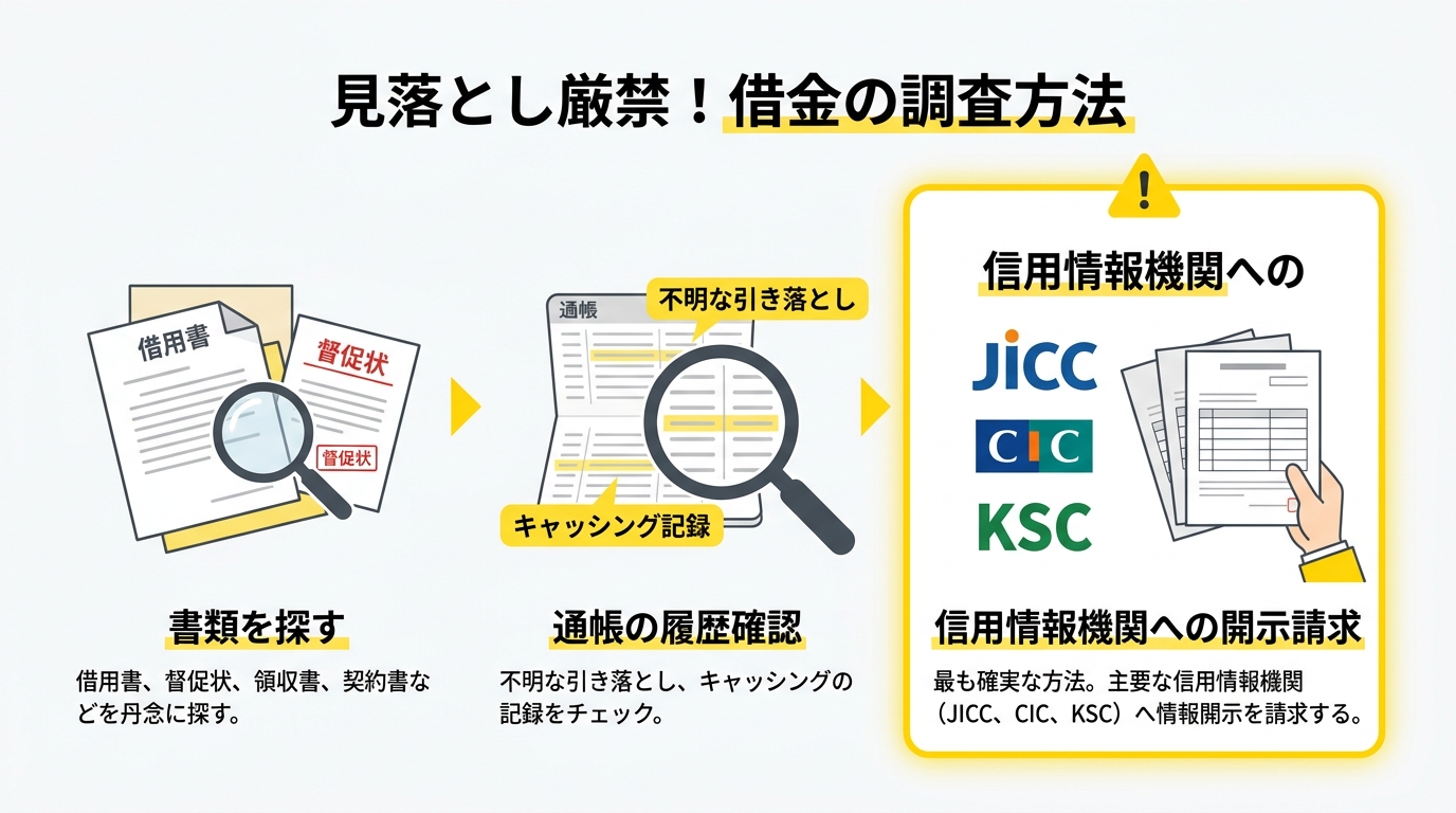 相続における借金などマイナスの財産の調査方法を示した図解。書類の確認、通帳の履歴、信用情報機関への開示請求という3つの方法が解説されている。