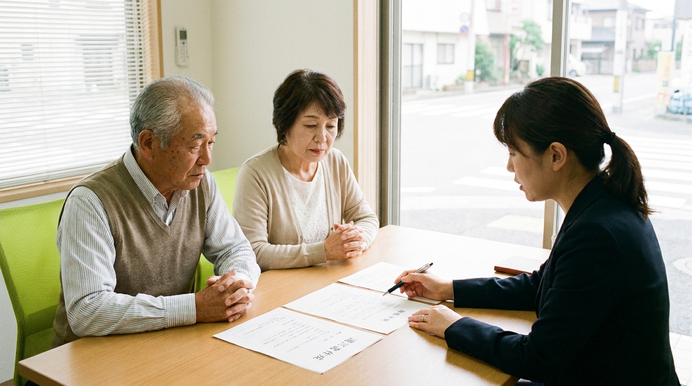 法律事務所で弁護士に遺言書作成の相談をする初老の夫婦。将来の相続トラブルを防ぐための生前対策の重要性を示している。