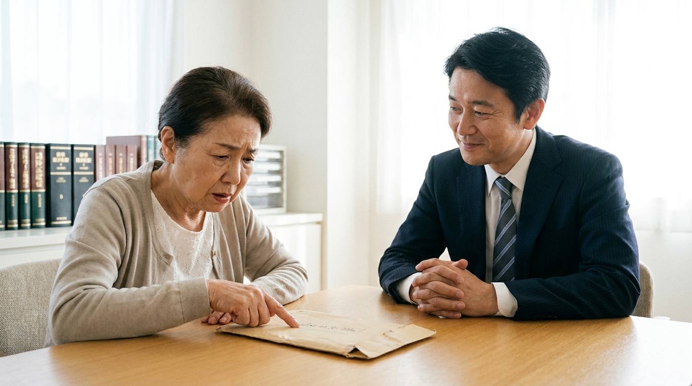 遺言書の有効性について弁護士に相談する女性。遺言能力に不安を感じている様子。