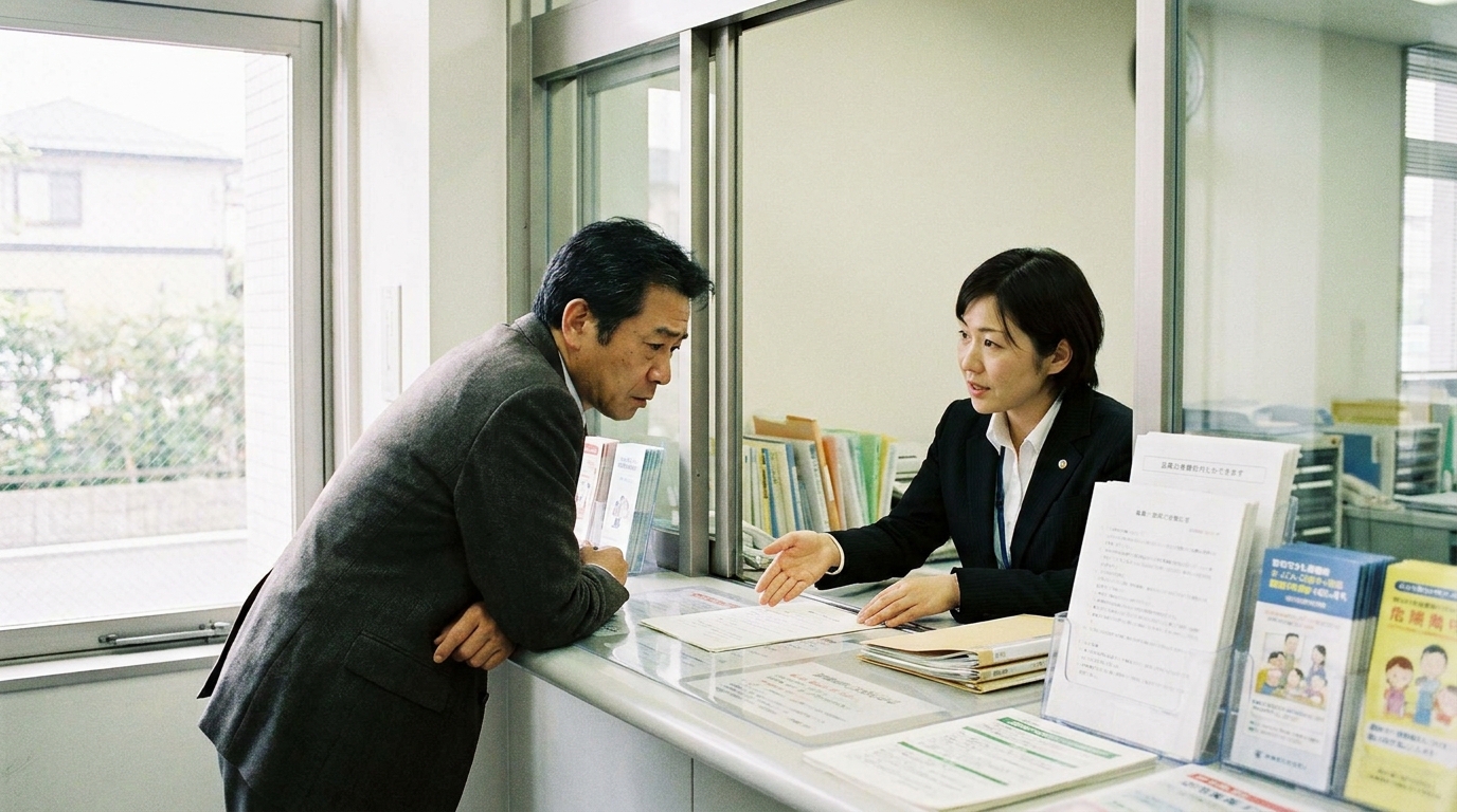 法務局の窓口で相続土地国庫帰属制度について相談している男性。職員から説明を受けている様子。