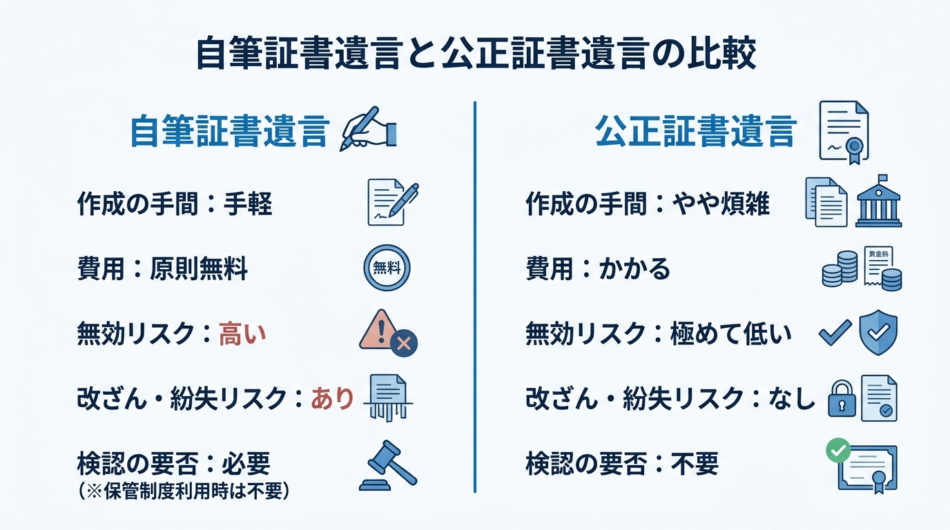 自筆証書遺言と公正証書遺言のメリット・デメリットを5つの項目(作成の手間、費用、無効リスク、改ざん・紛失リスク、検認の要否)で比較した表。