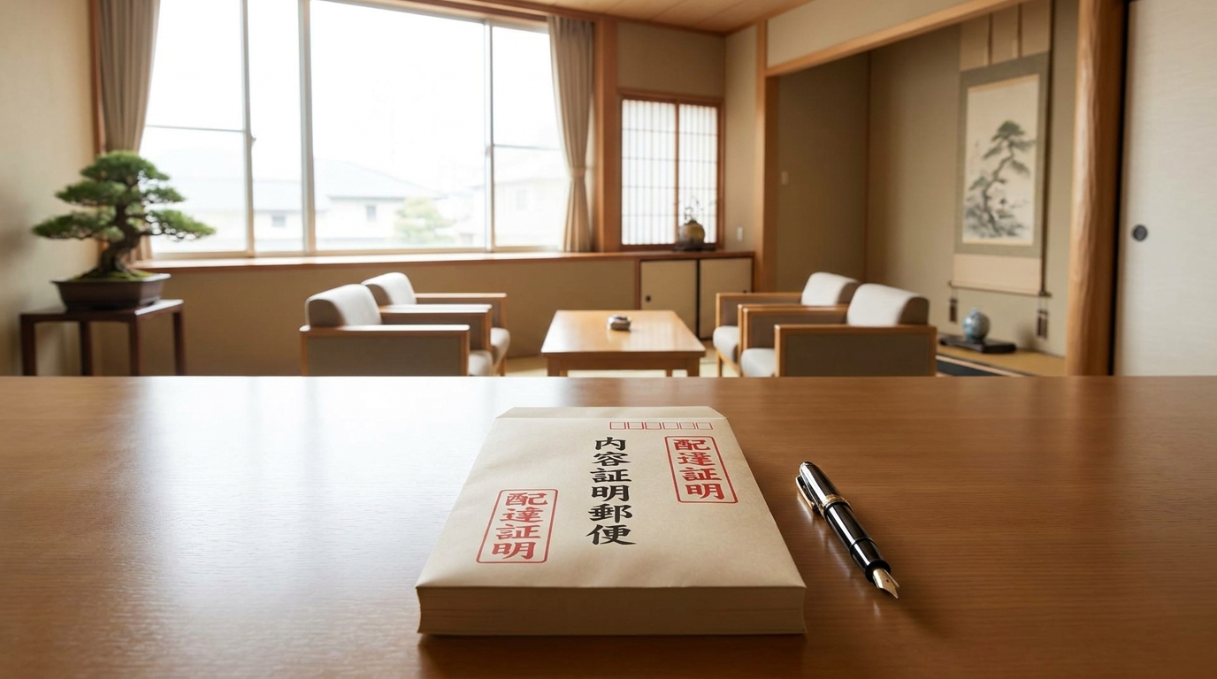 配達証明付き内容証明郵便のイメージ。法律事務所のテーブルの上に置かれた書類が、時効を止めるための法的手続きを象徴しています。
