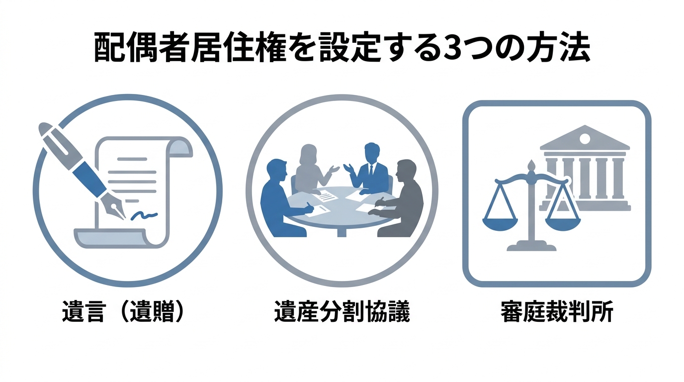 配偶者居住権を設定するための3つの方法(遺言、遺産分割協議、審判)をアイコンで示した図解。