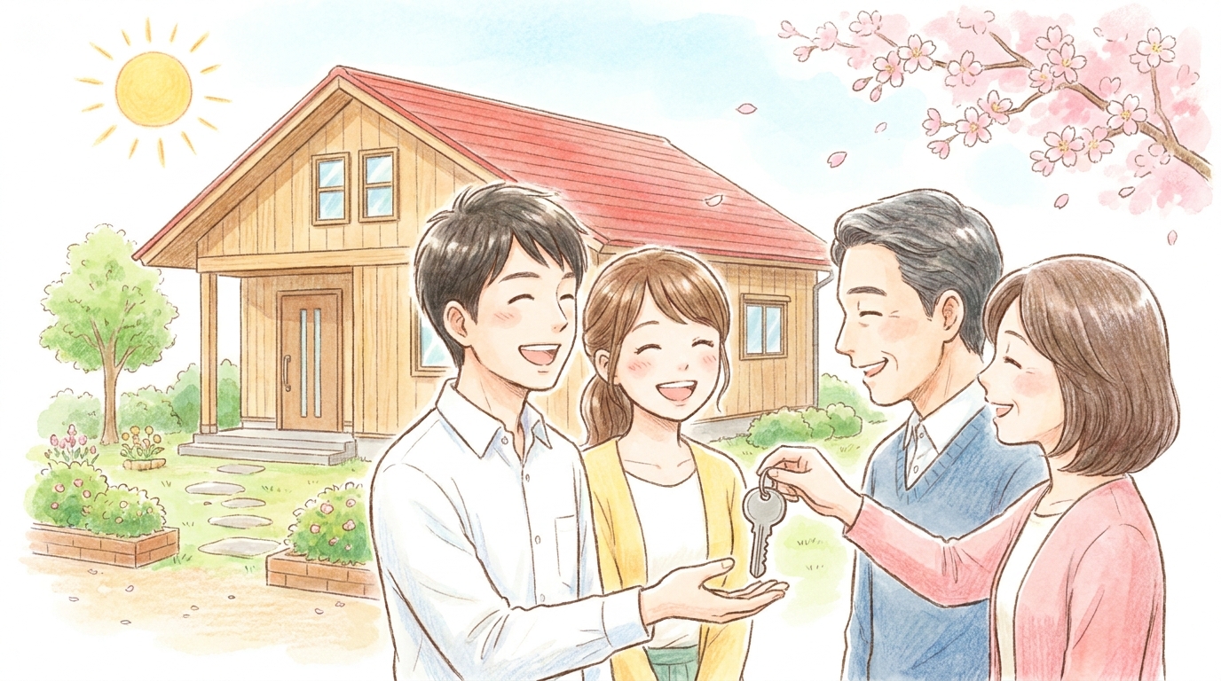 両親から住宅購入資金の援助を受け、マイホームの鍵を受け取る若い夫婦のイラスト。