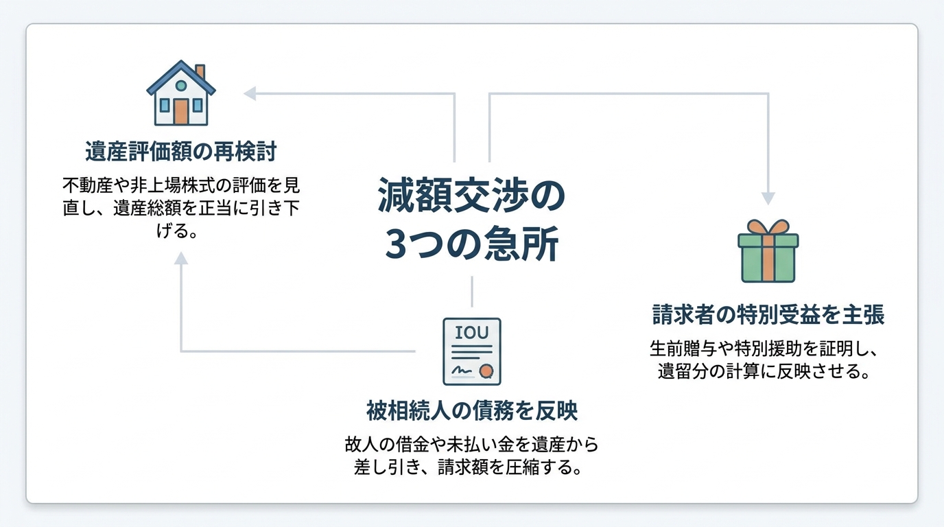 弁護士が教える遺留分侵害額請求の減額交渉の3つの急所。遺産評価、特別受益、債務の反映という3つのポイントを図示。