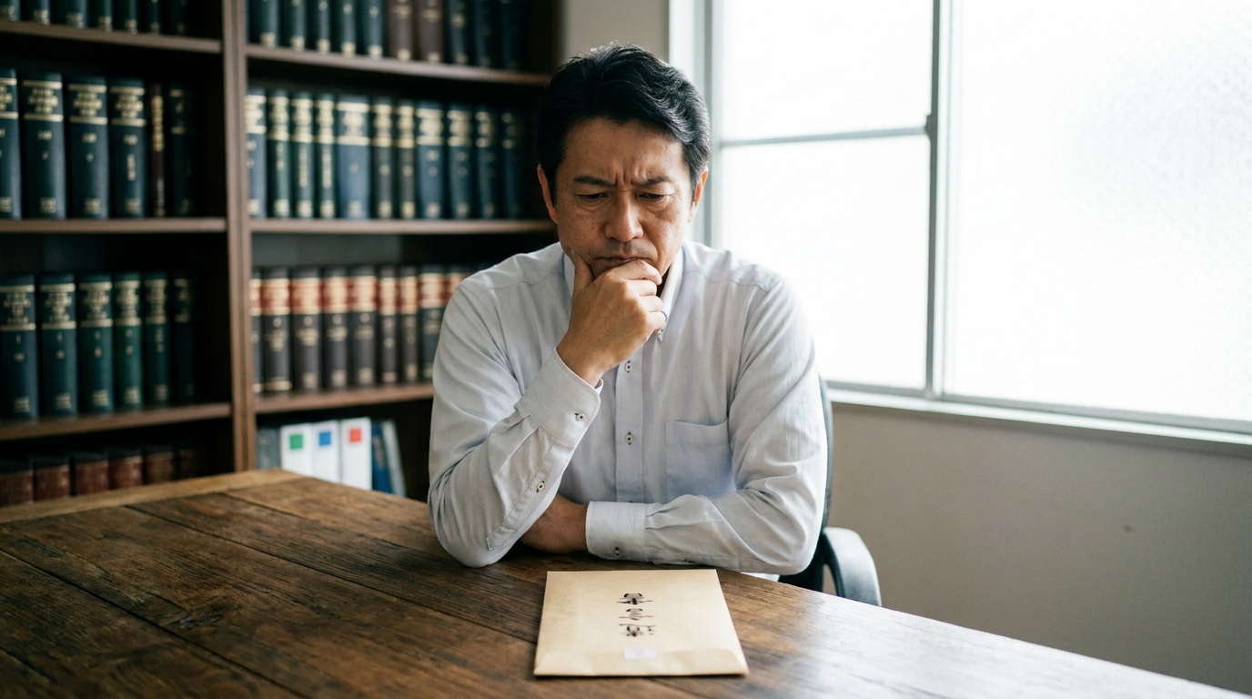 遺言書を前にして、検認手続きについて悩んでいる相続人の男性。