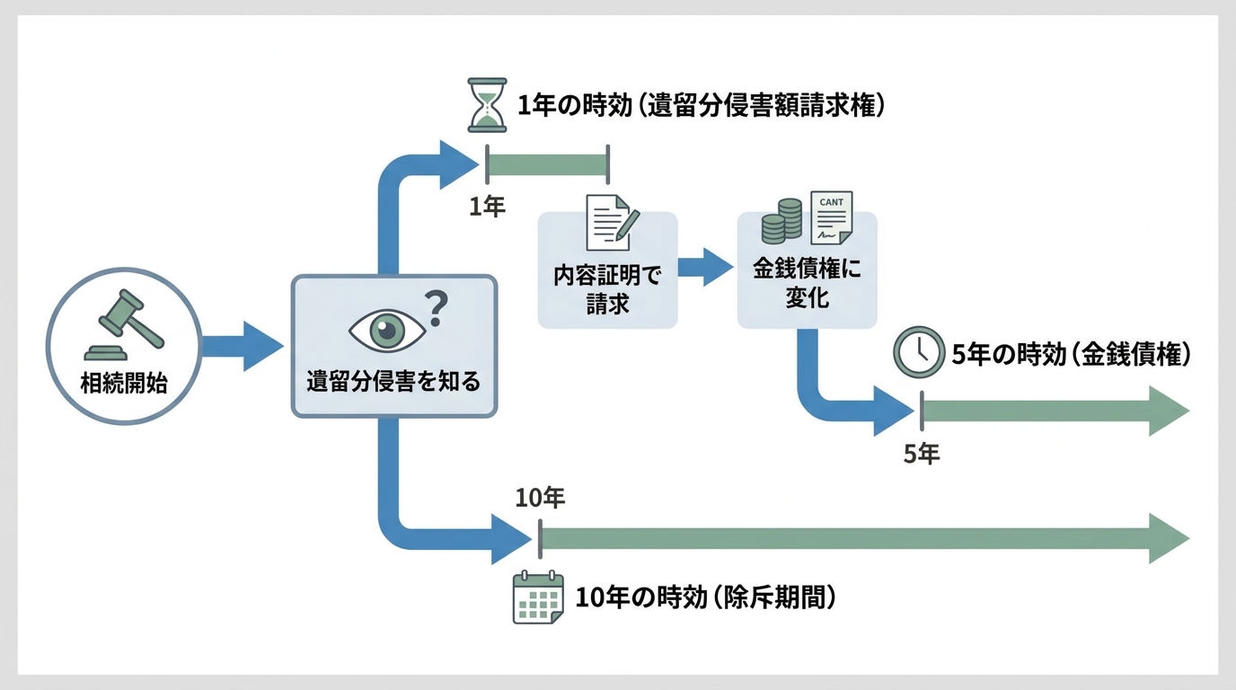 遺留分をめぐる3段階の時効(1年、10年、5年)の流れを示した図解。相続開始から請求、金銭債権化までの各段階で注意すべき時効がわかります。