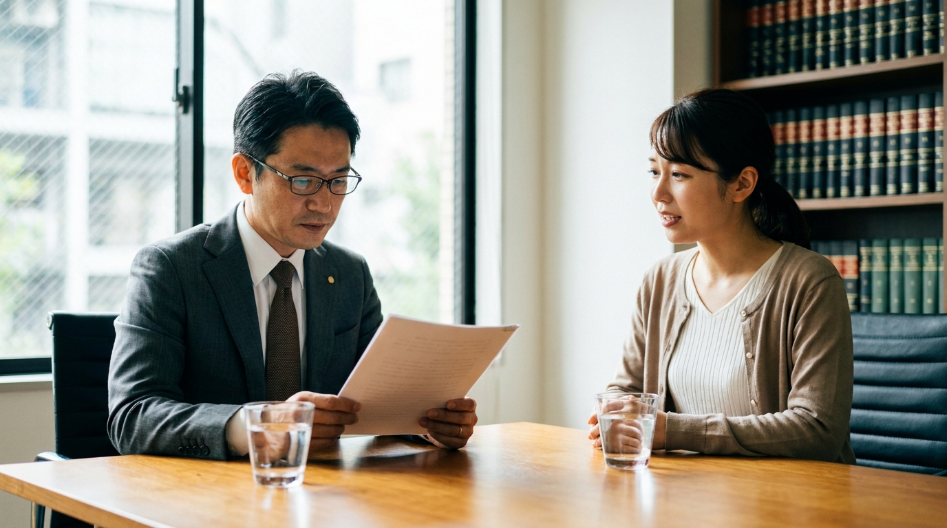 法律事務所で弁護士に遺留分問題について相談している様子。依頼者の不安に寄り添う専門家の姿。