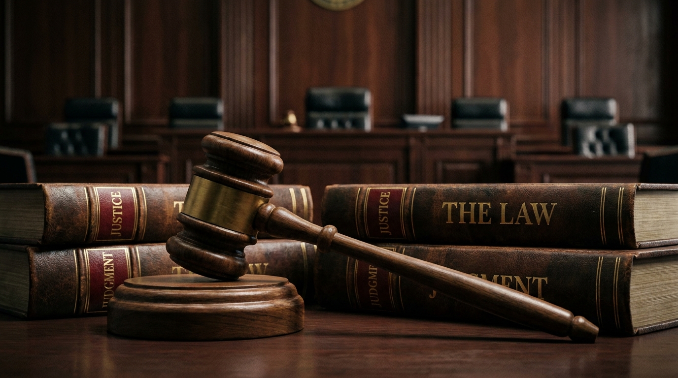 法廷の背景に置かれた裁判官の小槌と法律書。遺言能力に関する裁判所の厳格な判断を象徴している。