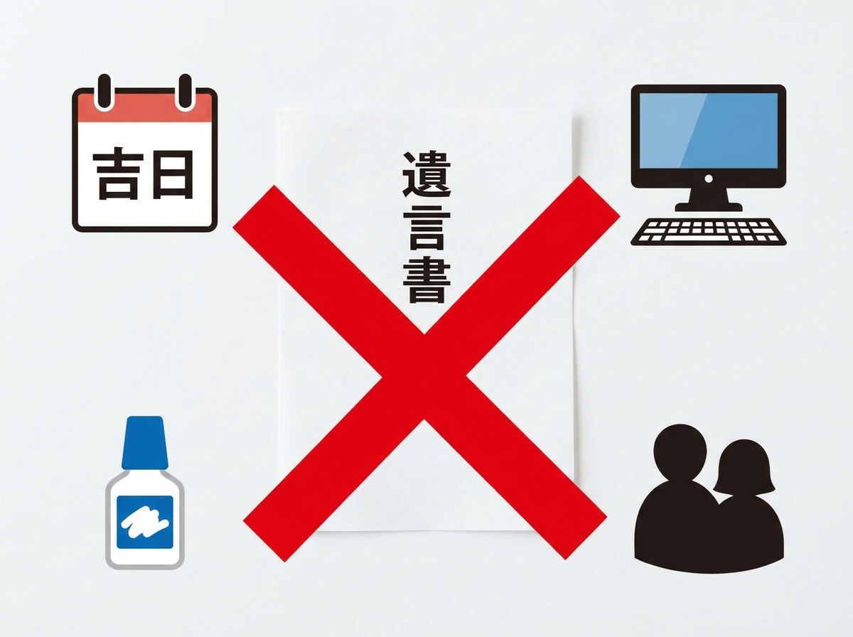 遺言書が無効になる代表的なケース（日付不備、PC作成、不正な訂正、共同遺言）を示すイラスト。