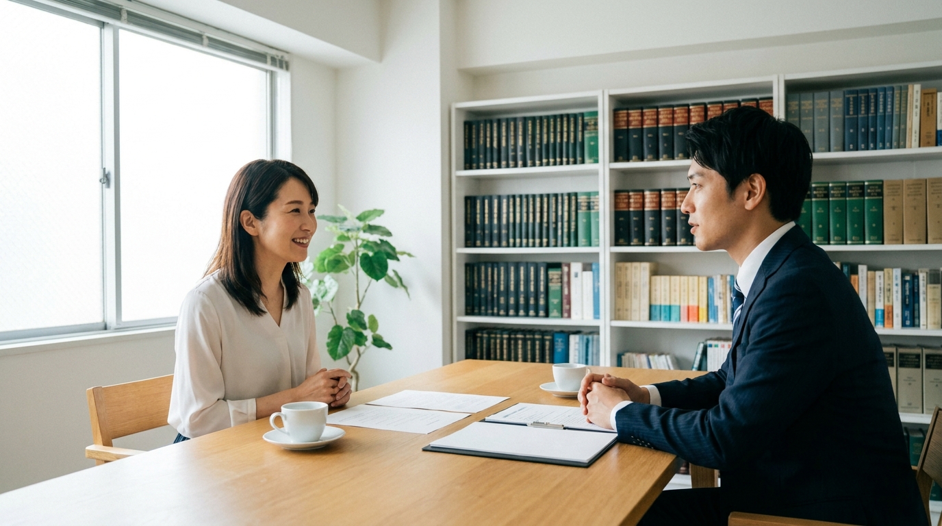 弁護士に相続の相談をし、安心した表情を浮かべる女性。