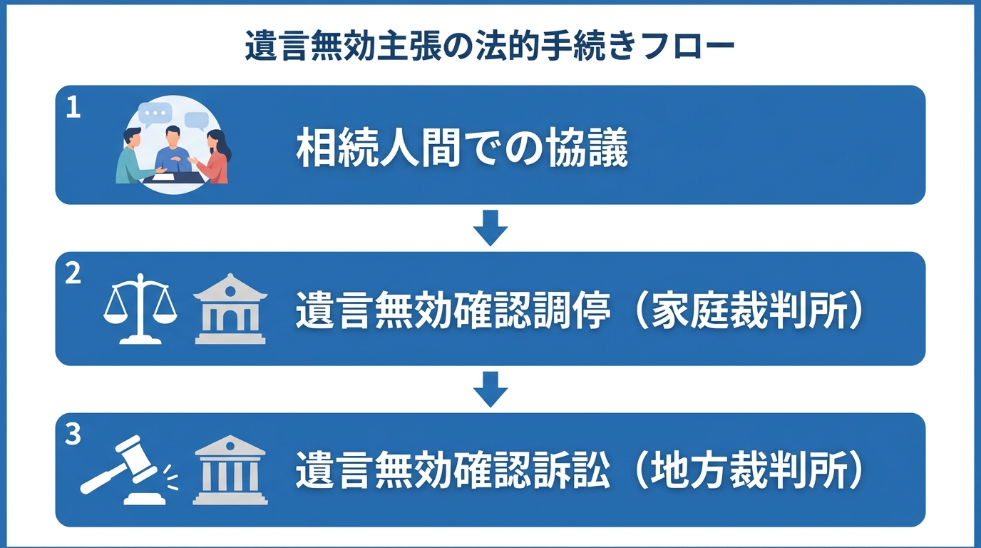遺言の無効を主張するための手続きの流れを示したフローチャート。相続人間での協議、遺言無効確認調停、遺言無効確認訴訟の3ステップを解説。