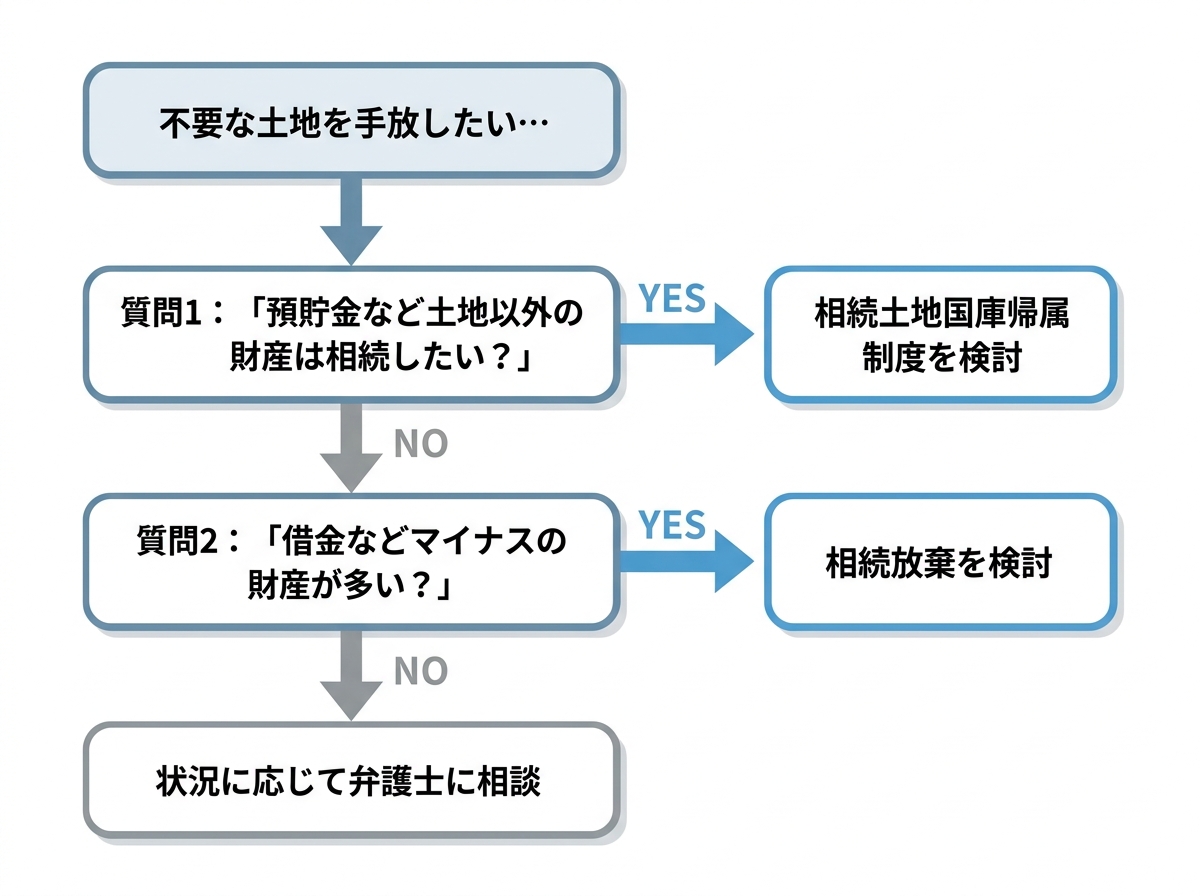 相続土地国庫帰属制度と相続放棄のどちらを選ぶべきかを示すフローチャート。「他の財産は相続したいか？」「借金は多いか？」という質問に答えることで、自分に適した選択肢がわかるようになっている。