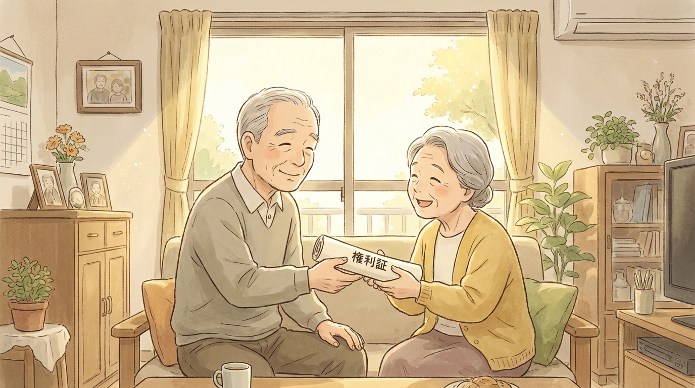 婚姻期間20年以上の夫婦。夫から妻へ居住用不動産が贈与され、妻が安心した表情を浮かべているイラスト。