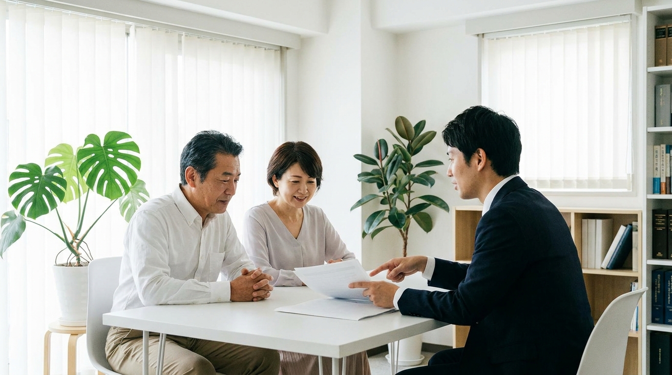 法律事務所で弁護士に相談する夫婦。弁護士が書類を指差しながら説明し、相談者は納得した様子で話を聞いている。