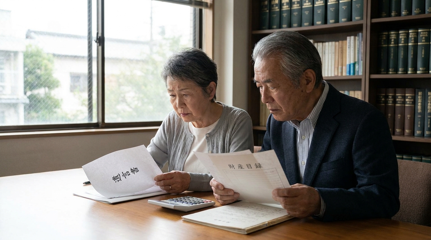 遺産分割について話し合う初老の夫婦。テーブルの上の書類を見ながら、学費の特別受益について考えている様子。
