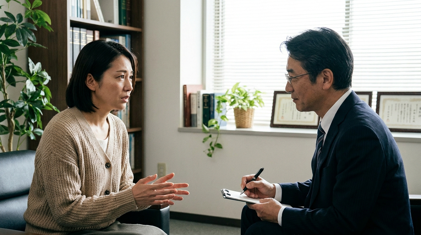 学費援助の特別受益について弁護士に相談する女性。弁護士は親身に話を聞いている。